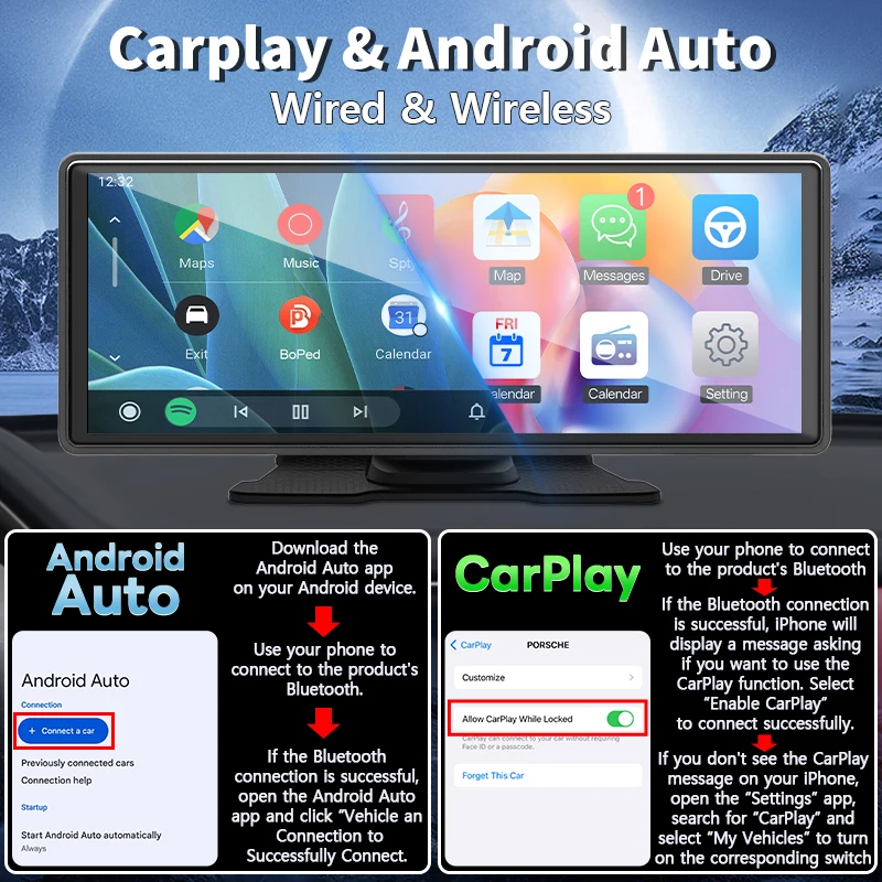 Hippcron 10.26” Screen Car Radio Multimedia Video Player Wireless CarPlay And Android Auto For Car GPS Navigation Mirror Link