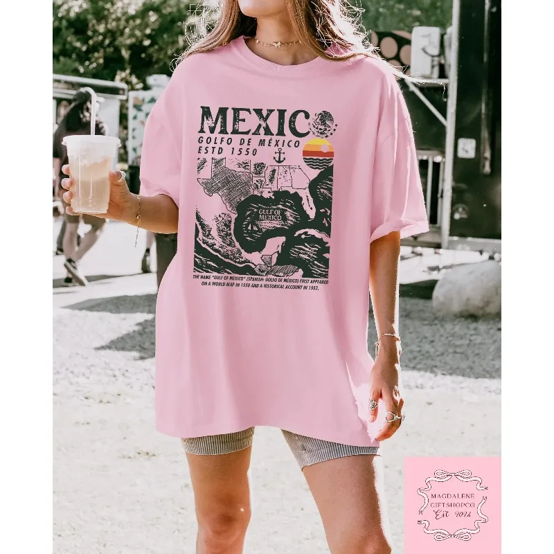 Retro Mexico Map T-shirt, Gulf of Mexico 1550 Theme T-shirt, Women's T-shirt, Summer New Retro Harajuku Style Casual T-shirt