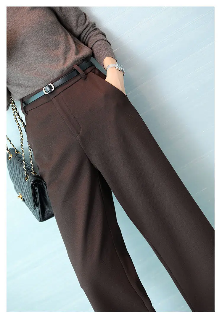 Wool Temperament BootPants Women's Autumn and Winter Wide-LegPants Slimming High WaistStraightCroppedPants CasualPants with Belt