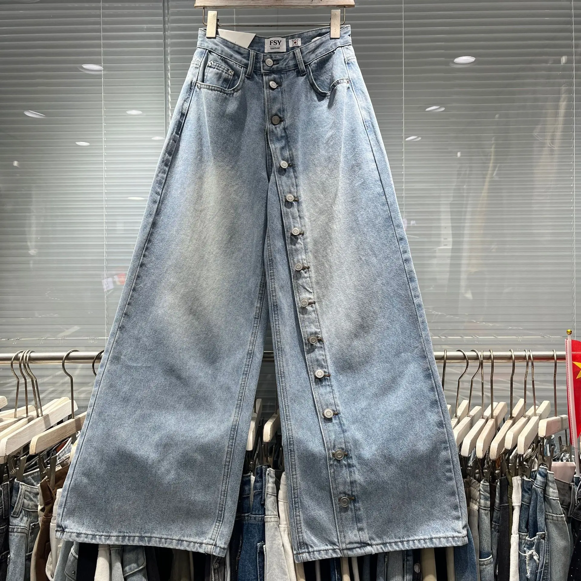 SuperAen Korean Style Asymmetrical Single-button Decorative Jeans Women Autumn Safari Style High-waisted Loose Wide-leg Pants