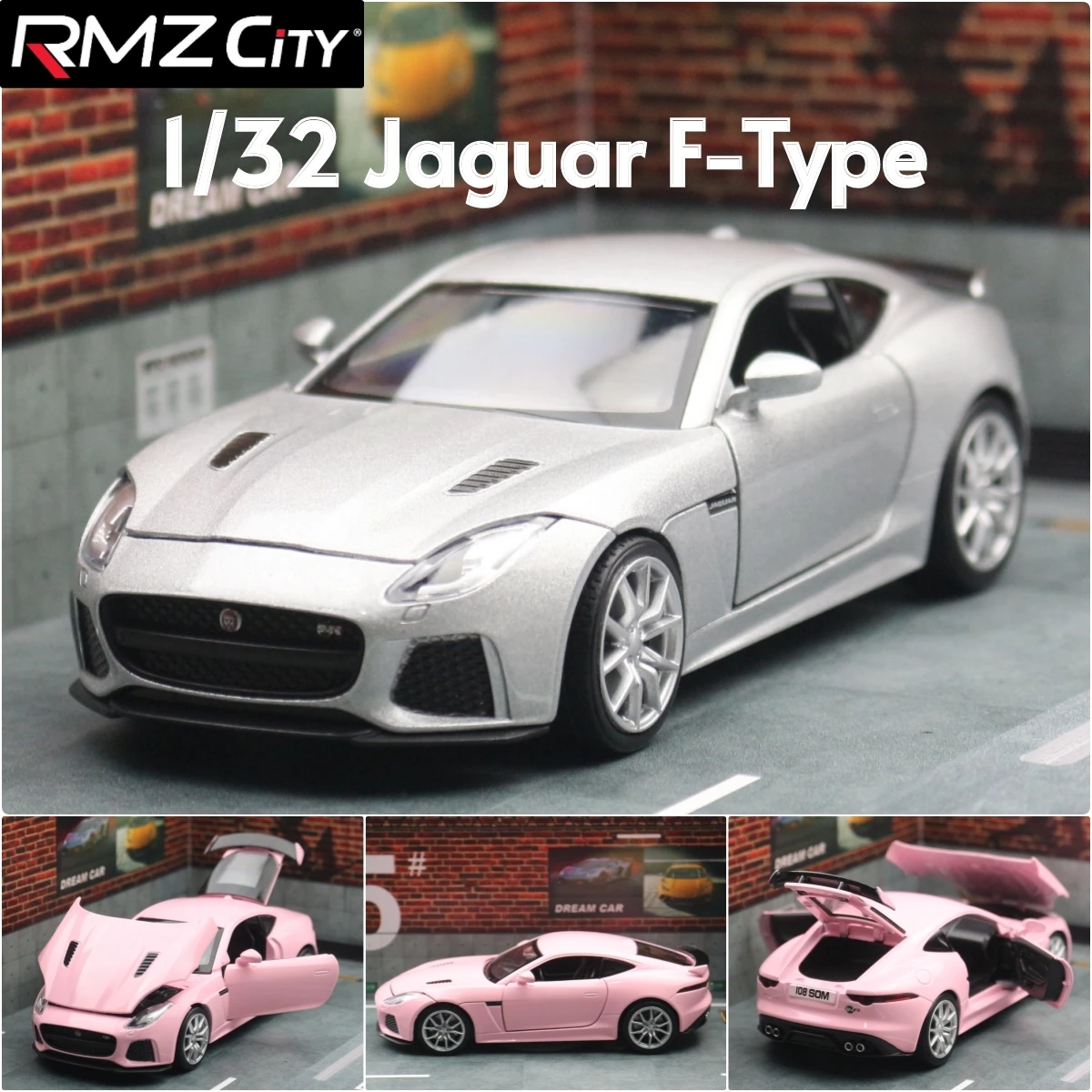 1/32 Jaguar F-Type Toy Car Model RMZ City Diecast Metal Vehicle Miniature Sound & Light Pull Back Collection Gift For Kid Boys