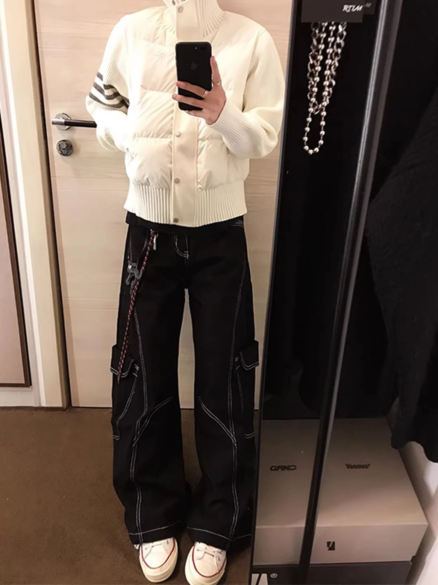 

American High Street Men's Denim Work Pants Autumn Winter Wide Leg Pants Patchwork Deconstructed Design Youth Faion