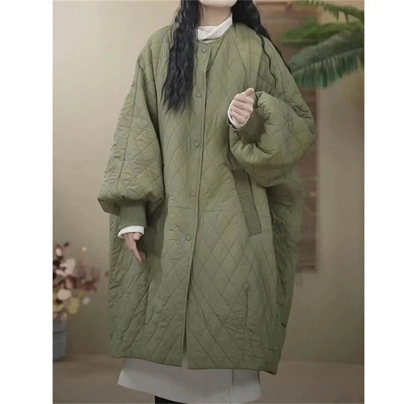 2023 European Oversized Diamond Plaid Down Cotton Jacket Women\'s Coat Long Lightweight Cotton Jacket Winter Parka New Coat Femal