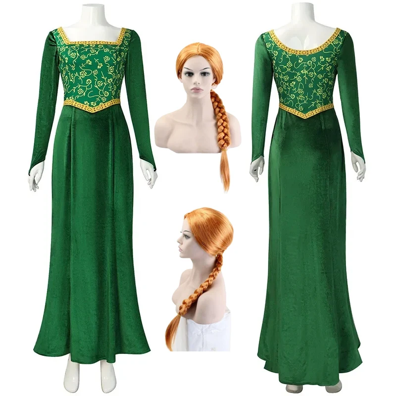 Disfraz de Cosplay de Fiona, Vestido de Princesa Fiona de Anime, Peluca, Vestido Verde de Manga Larga para Mujer, Disfraz de Halloween, Ropa de Carnaval