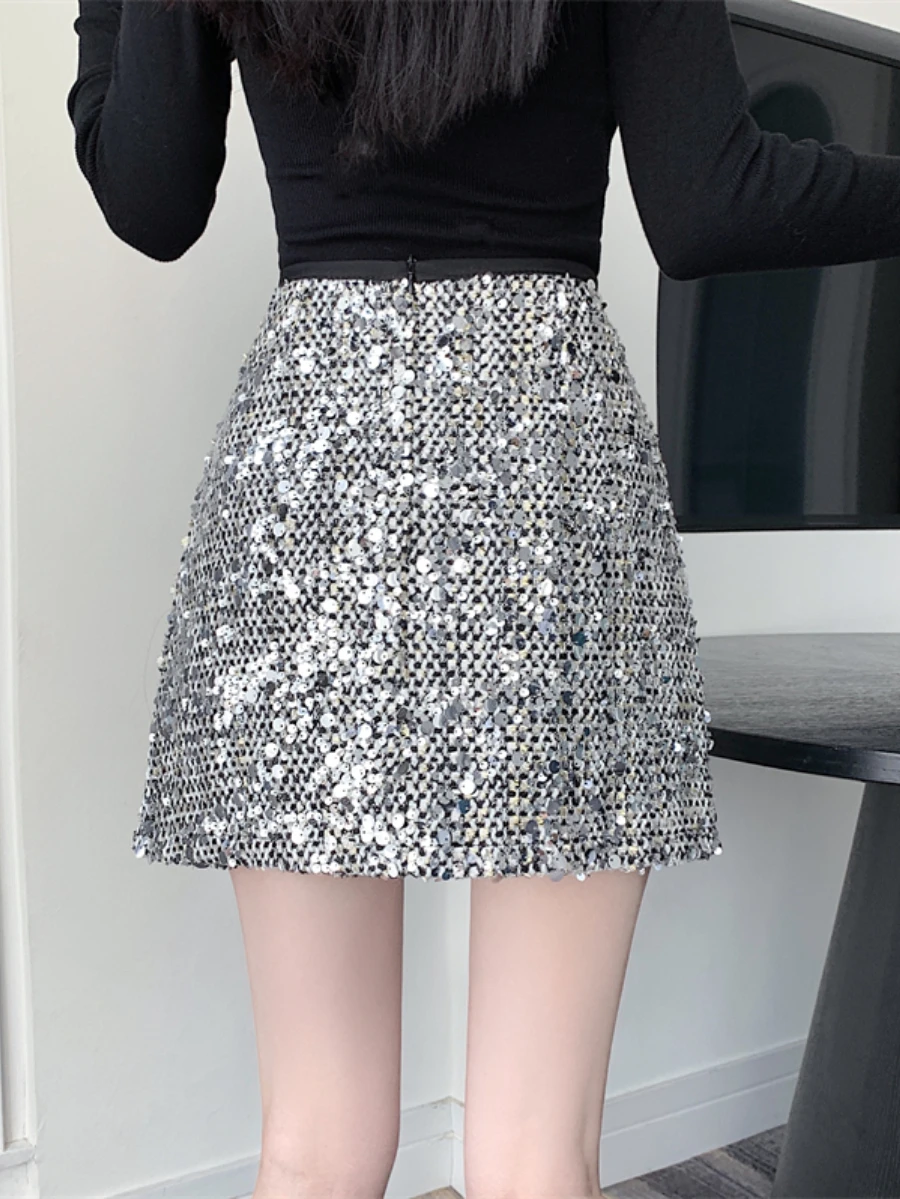 Bornladies Sparkling Woolen A-line Skirt Women's Female Korean Version With High Waist Slimming Effect Short Hip Hugging Skirt