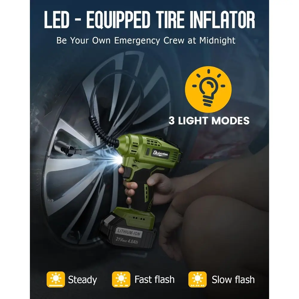 Inflador de neumáticos inalámbrico portátil de 150PSI con 2 baterías de 21 V, doble potencia, luz LED