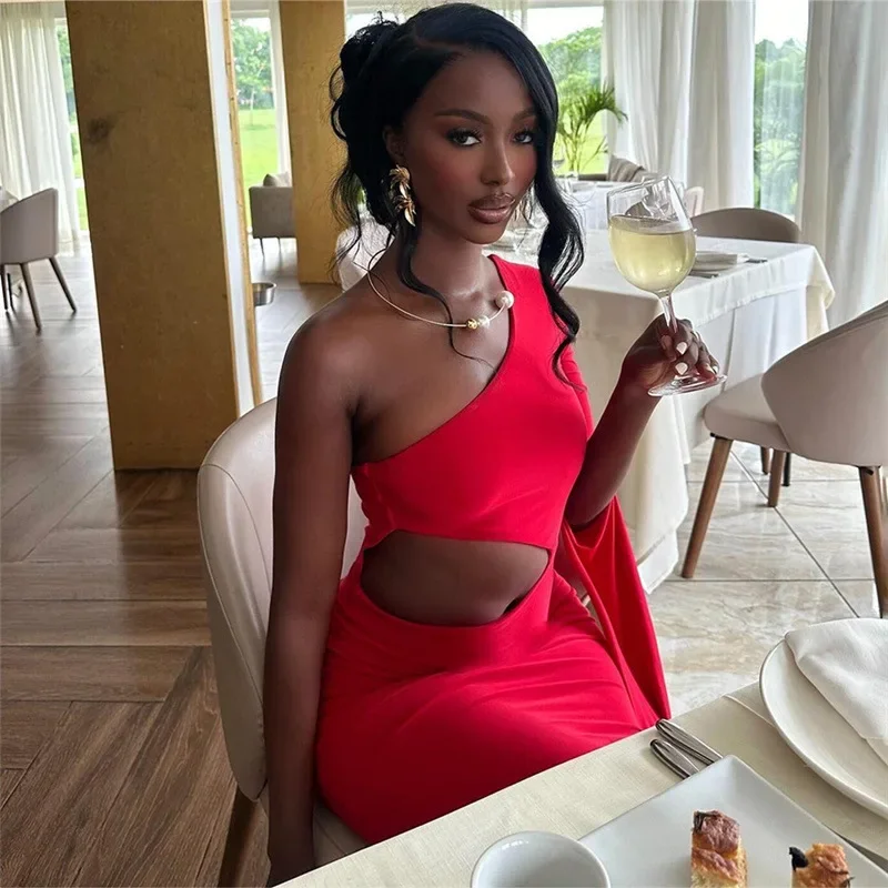Solidny trend nachylony do ramion wydłużający pojedynczy rękaw Hollow główna ulica damska sukienka Maxi seksowna elegancka Vestidos