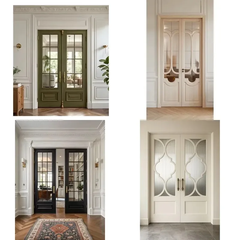 High End European Design Tempered Glass Solid Wood Interior French Doors for Hall and Bedroom
