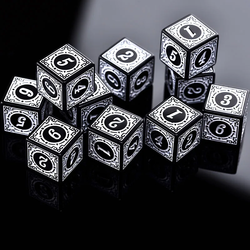10PCS/Set Acrylic Dice Set D6 Carved Pattern Polyhedron Dice 6-sides Game Dice for RPG Dungeons and Dragons Board Game