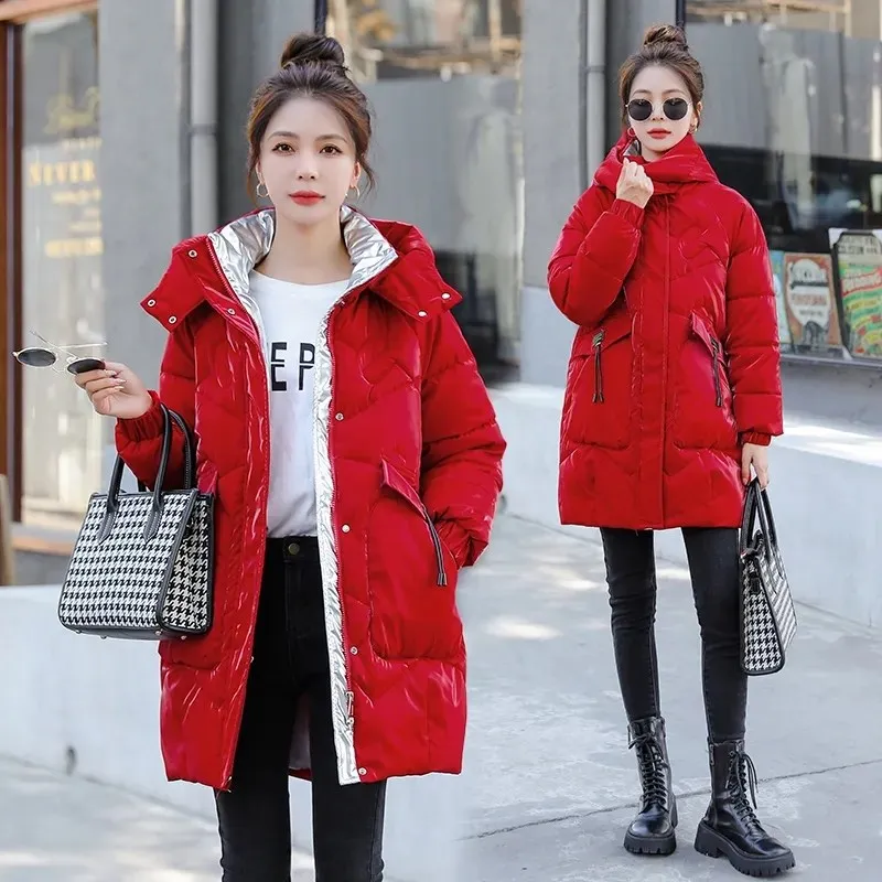 2022 Fashion New Bright Fabric Thick Warm Winter Jackets Women\'s Cotton Padded Coats Mid-Length Women Parkas Female Outerwear