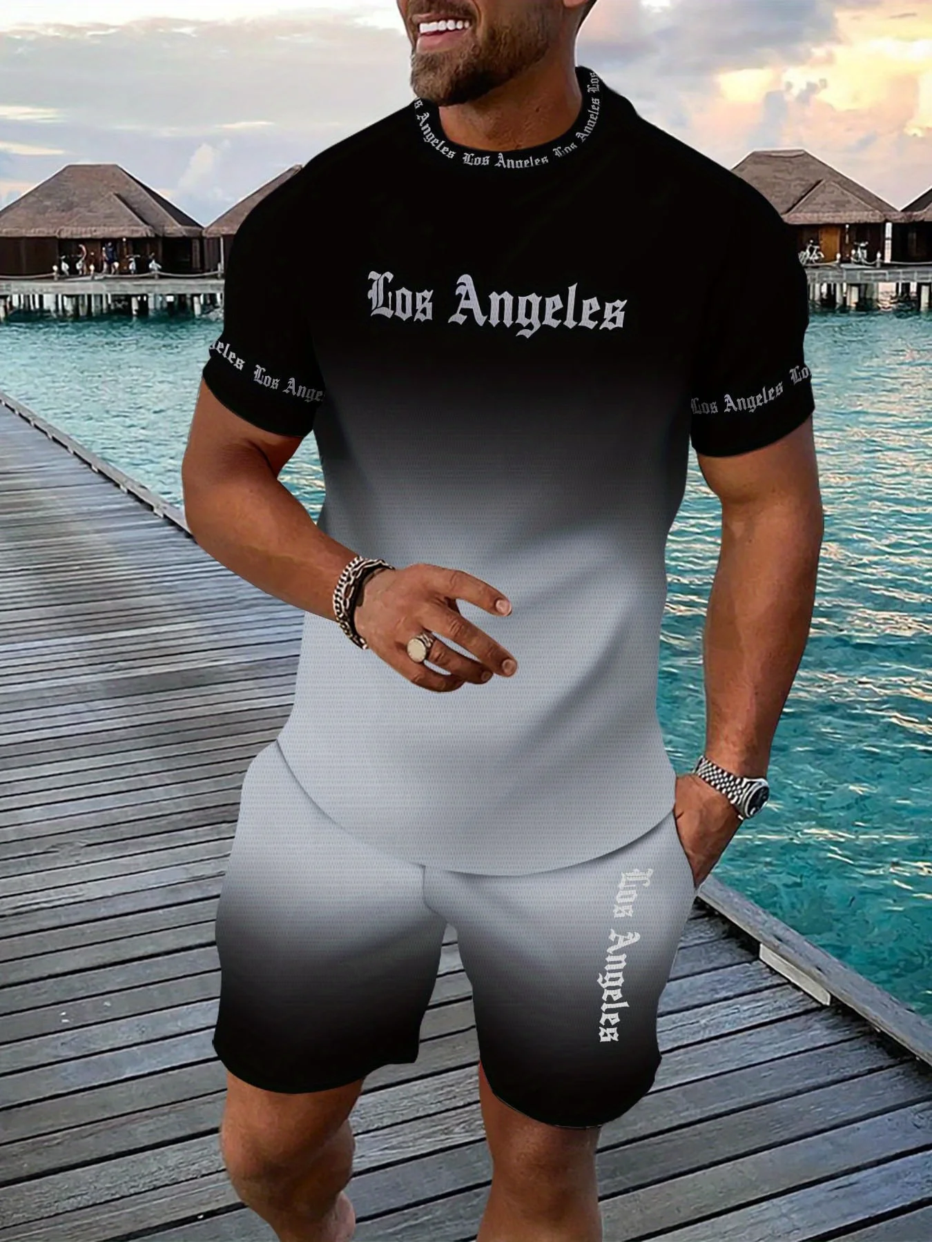 

The 2025 Summer New 3D letter Print Men's Set is a casual fashionable and sporty fitness two-piece set