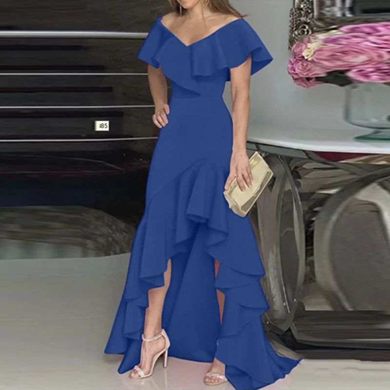 2023 Sexy V Neck Ruffles Party Dress Femme Elegant Summer Fashion Solid Sleeveless Slim Irregular Maxi Dresses For Women Robe