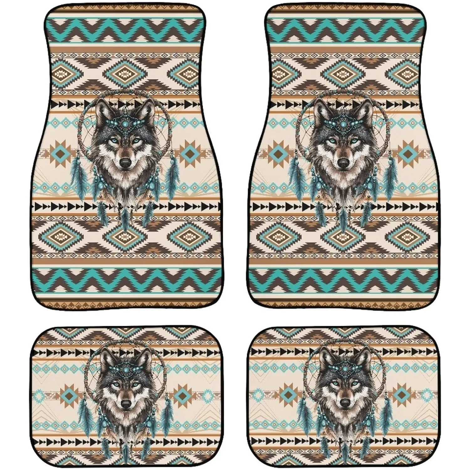 4pcs Southwest Aztec Wolf & Southwestern Tribal Design Car Floor Mats - Fit Heavy-Duty Rubber Non-Slip Auto Floor Liners Suitabl