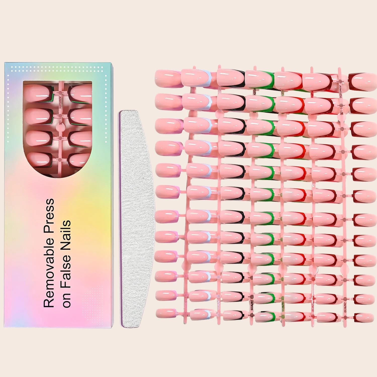 144pcs Glossy Nude Pink Short Coffin French Press On Nails Set Full Cover Reusable ABS Fake Nails with Nail File, Simple Elegant