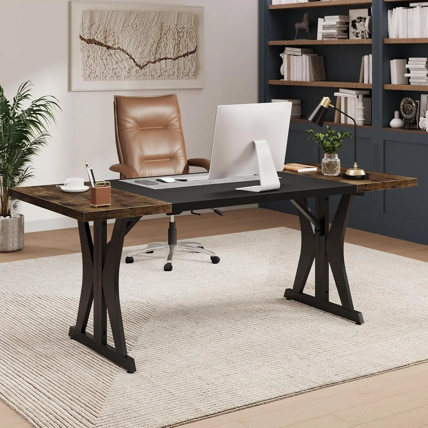 Large Executive Desk Thickened Desktop Rustic Brown Wood Metal Computer Office Table Home Office Business Writing, Customized
