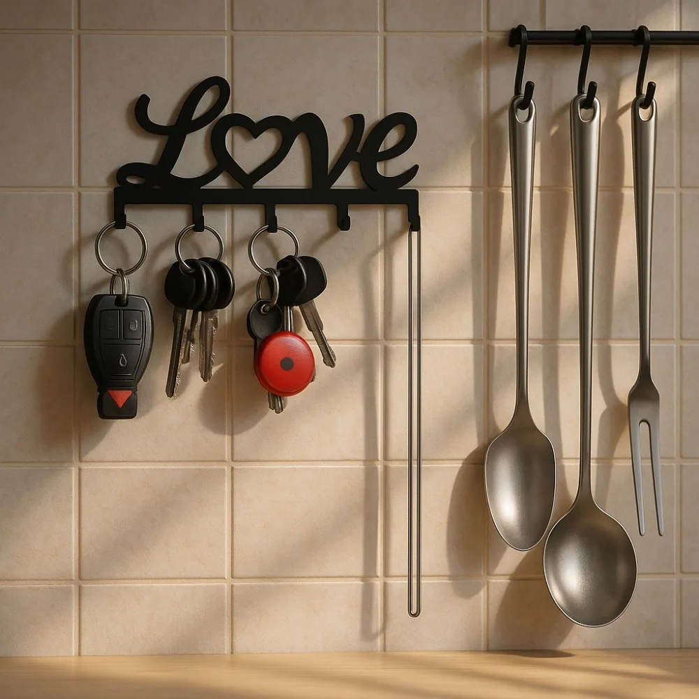 رف مفاتيح حائط عائم على شكل فن حديدي عصري - أفضل بائع مع تركيب مزدوج اللزجة وفتحة لكمة، أداة للمفاتيح