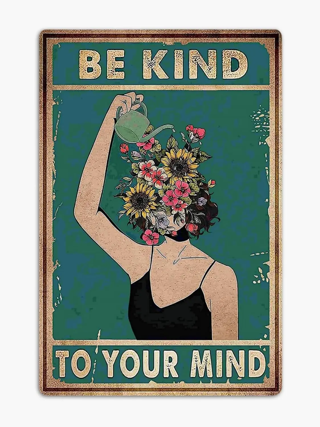 Vintage Metal Tin Sign Be Kind to Your Mind Green Boho Room Aesthetic Decoration Land Lady Gift Floral Woman Gift for Plant sign