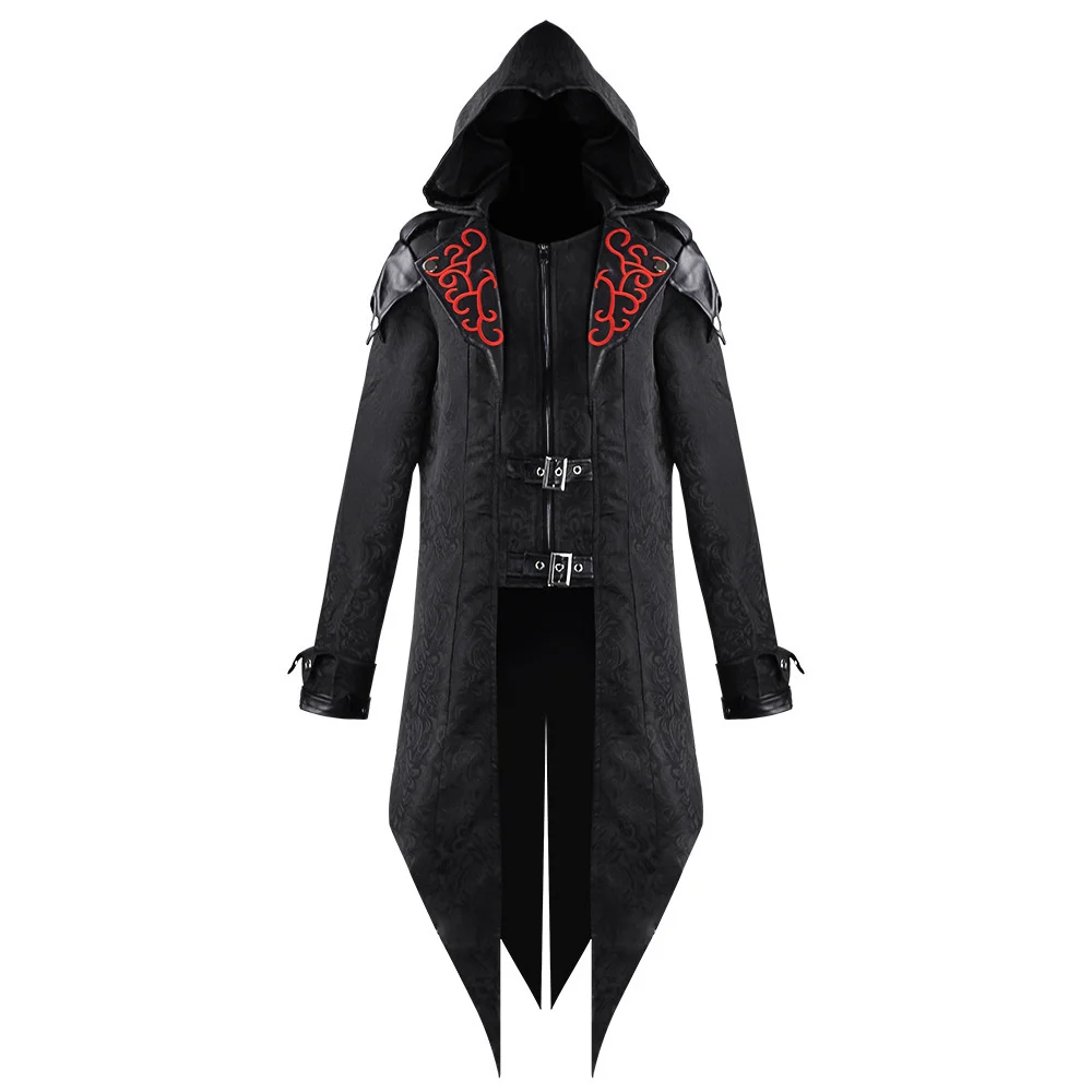 Costume de Sorcière Steampunk Médiéval pour Homme Adulte, Veste Longue Fendue, Noir et Rouge, Armure Gothique, Combinaison en Cuir, Vintage, Halloween