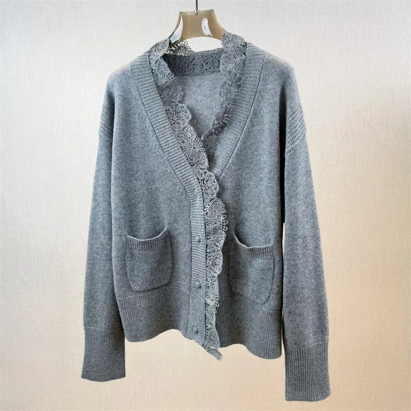 

Кардиган для женщин. Новый кружевной лоскутный топ с длинными рукавами на зиму. Женский свитер из смеси шерсти 2025 года. Однобортное облегающее пальто.