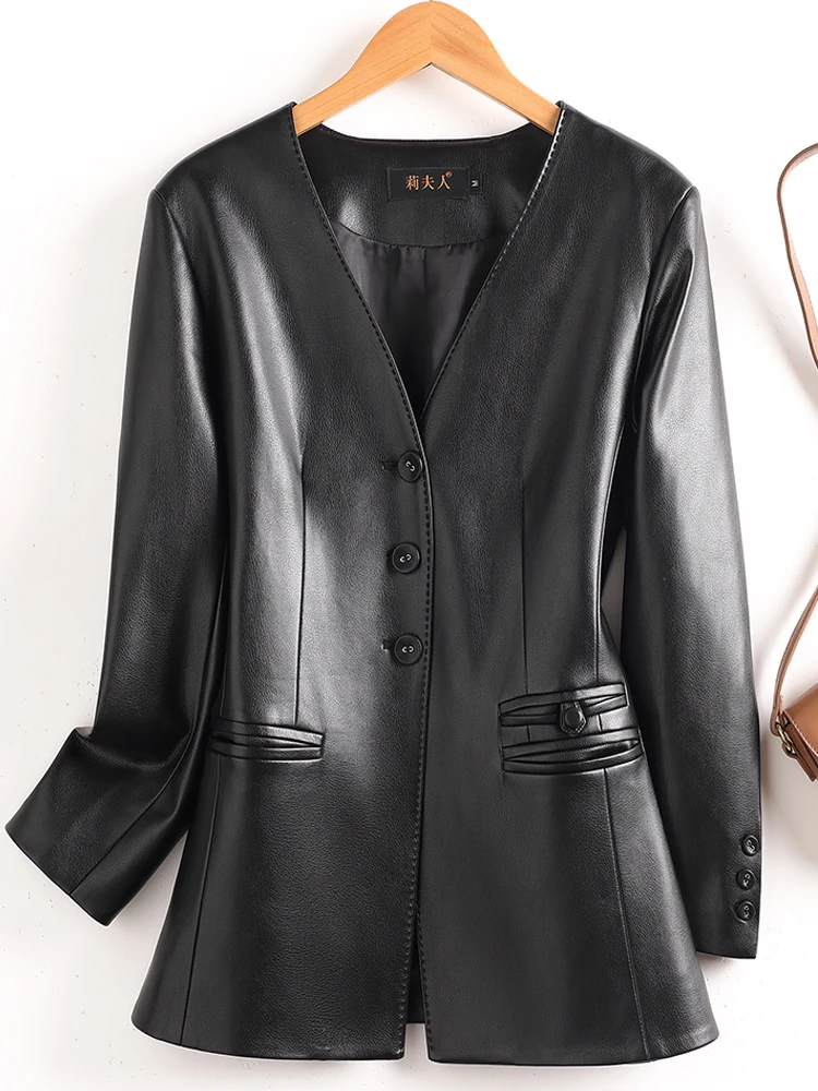 Women Clothing Elegant Female Leather Coat V Neck Jackets Streetwear Black Office Lady Medium And Long Styles