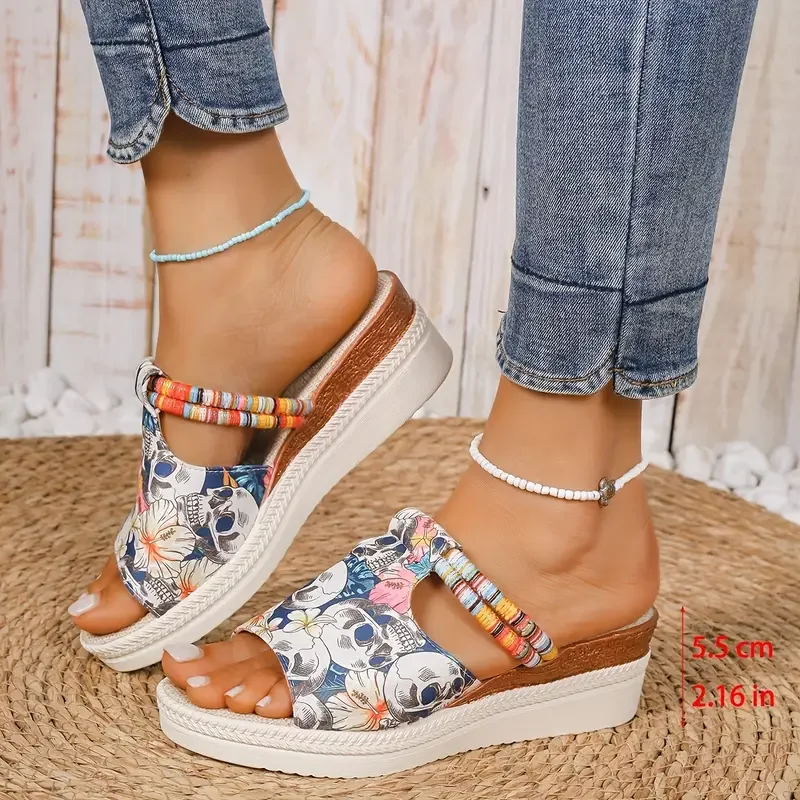 

Women's Skull Printed Sandals, Colorful Woven Seaside Slide Platform Shoes, Halloween Comfort Wedge Beach Slide