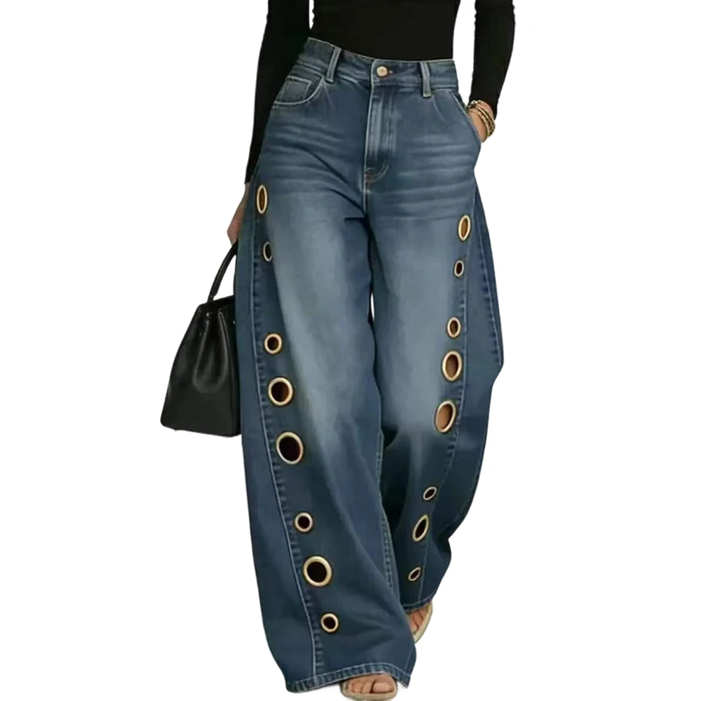 Schicke Y2k-Style Damen High-Waist Wide-Leg Jeans mit Metallösen-Ausschnitten, Hohldesign, Lose Baggy Streetwear Vintage-Hose – Detail 1