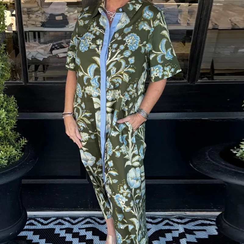 Lady Elegant Lapel Single Breasted Shirt Dress Retro Pattern Print Loose Beach Dress Fashion Short Sleeved Pocket Bohemian Dress