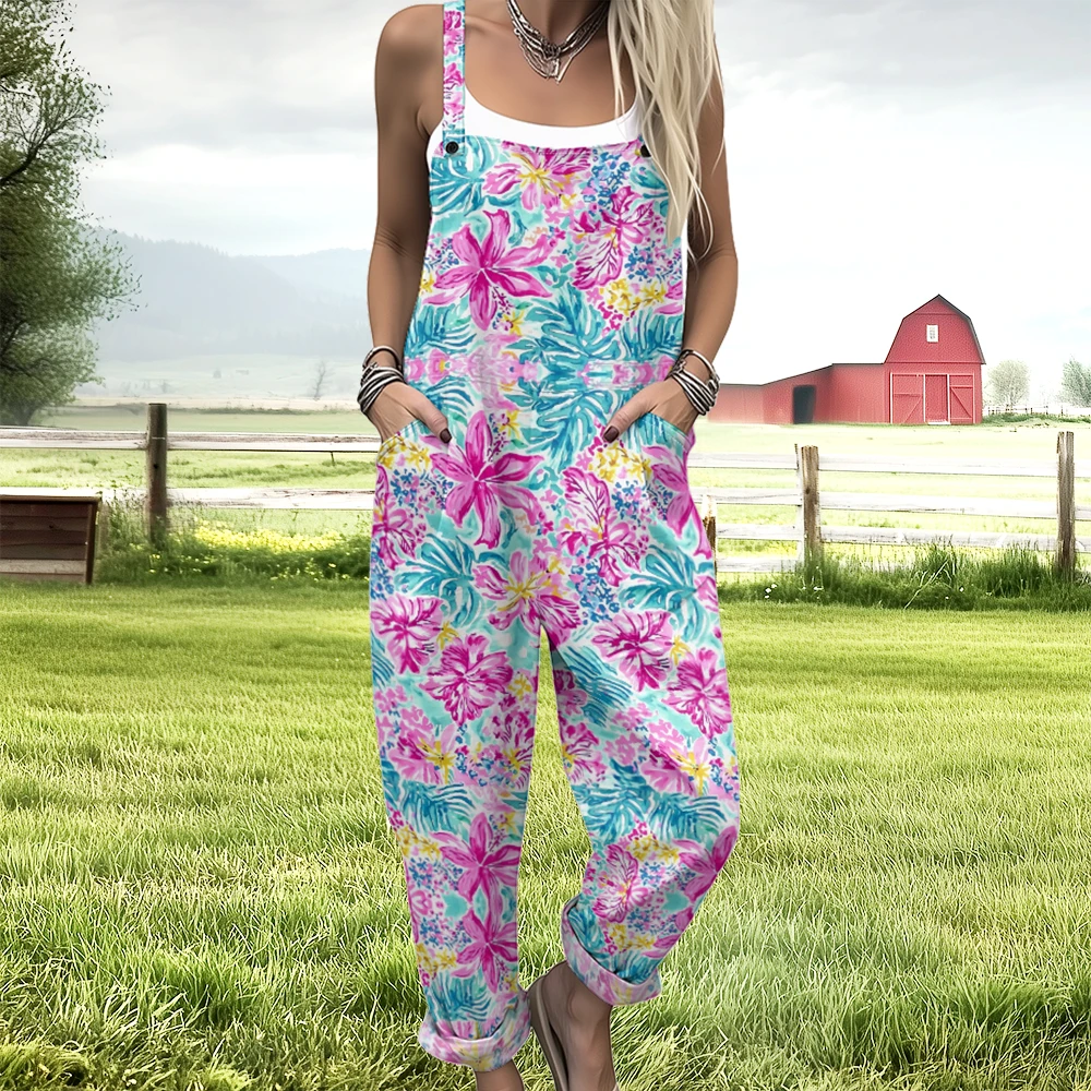 

Women's Tropical Floral Overalls Sleeveless Jumpsuit Casual Summer Romper with Pockets Boho Floral Casual Outfit Plus Size