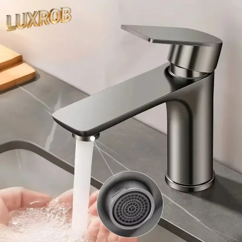 

2026 New Stainless Steel Bathroom Sink Faucet Brushed/Black Single Handle Hot Cold Mixer Tap Countertop Mount Heavy Duty Housing