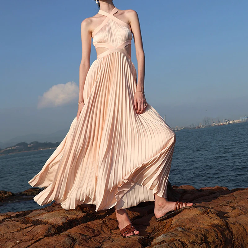 Rosa Plissee Ärmelloses Elegantes Kleid Frauen Aushöhlen Sommer Urlaub Kleidung Dame Hohe Taille