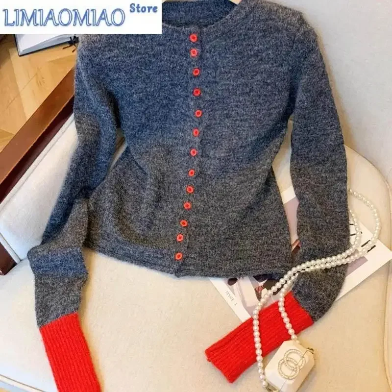 

Fashion Atmosphere Contrast Color Knit Cardigan Lazy Wind Bottoming Sweater Warm Long-Sleeved Knit Top Female Button Loose Coat
