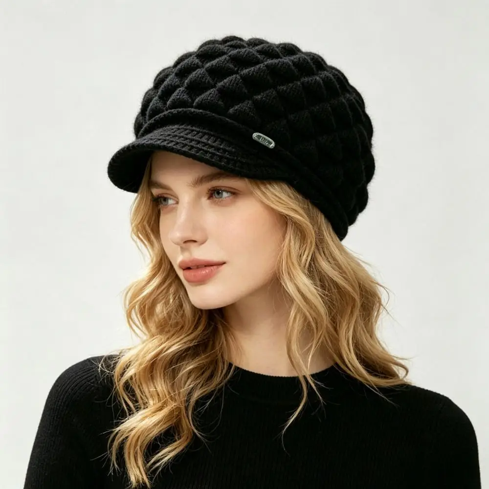 Diamond Pattern Women's Winter Visor Beanie Extended Sides Soft Lined Newsboy Knit Cap Warm Loose Fit Ear Cover Hat Commuting