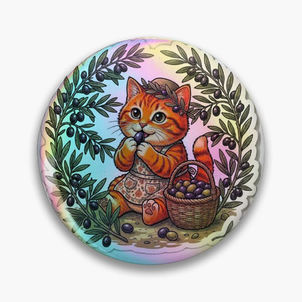 Cute Orange Tabby Cat Harvesting Olive Tree Branch Vintage Sticker Pin Holographic Star Heart Pin Brooches Laminated Button Fash