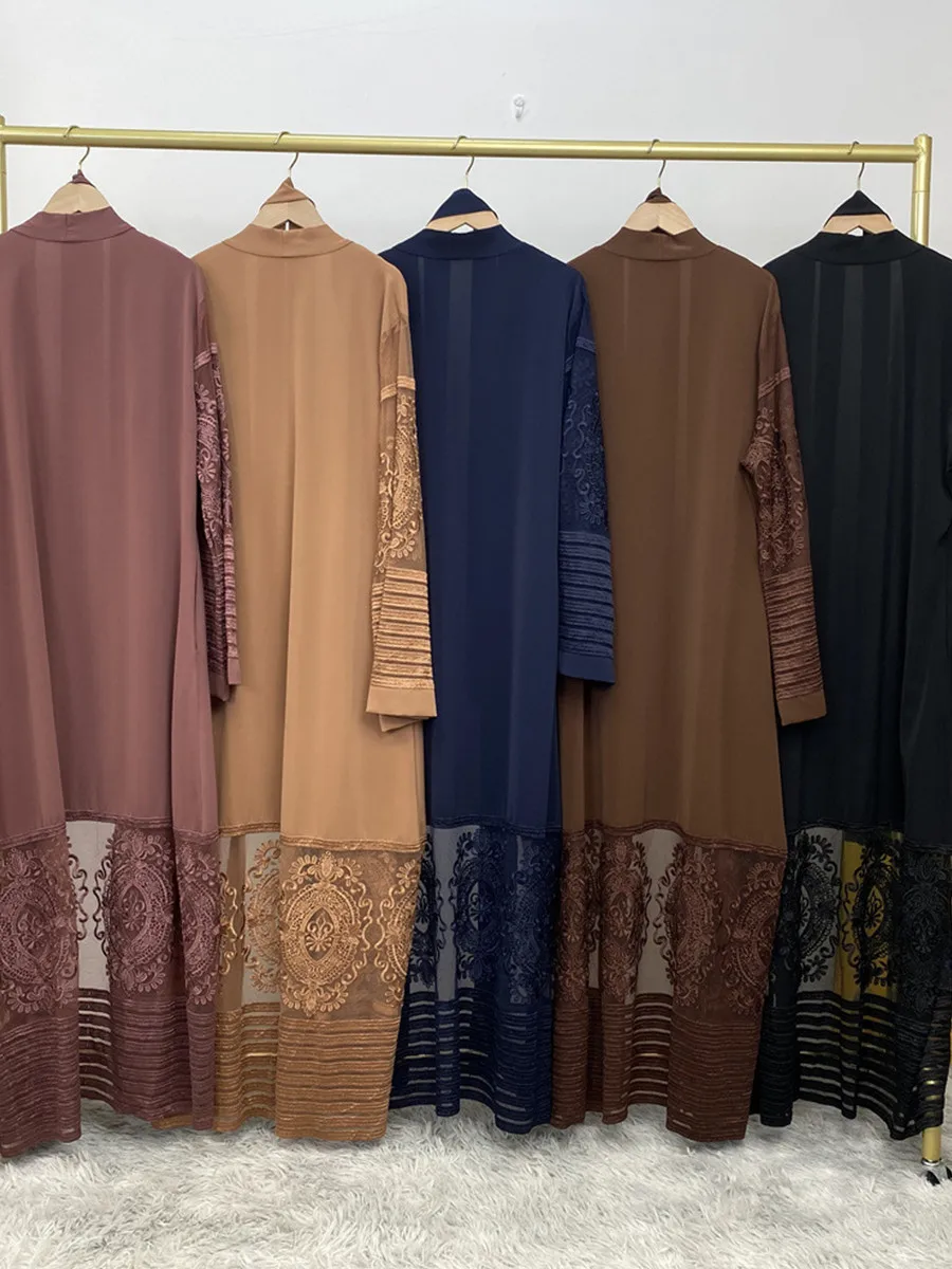 Donne musulmane Dubai Abaya Ricamo etnico Patchwork di pizzo Kimono Cardigan Abito lungo Modesto Ramadan Robe Femme Islam Abbigliamento