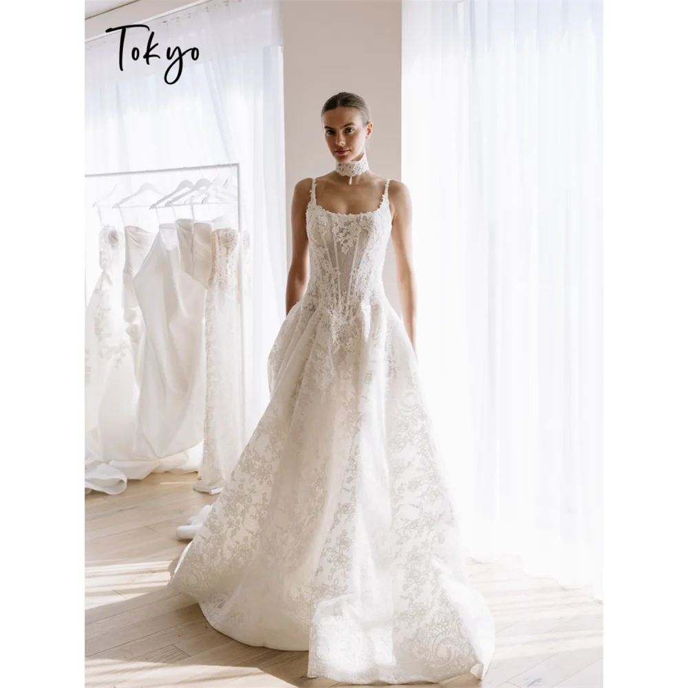 Tokyo Spaghetti Strap Lace Wedding Dress Corset Bodice Bridal Gown Vintage Floral Jacquard Church Wedding Evening Prom Dress