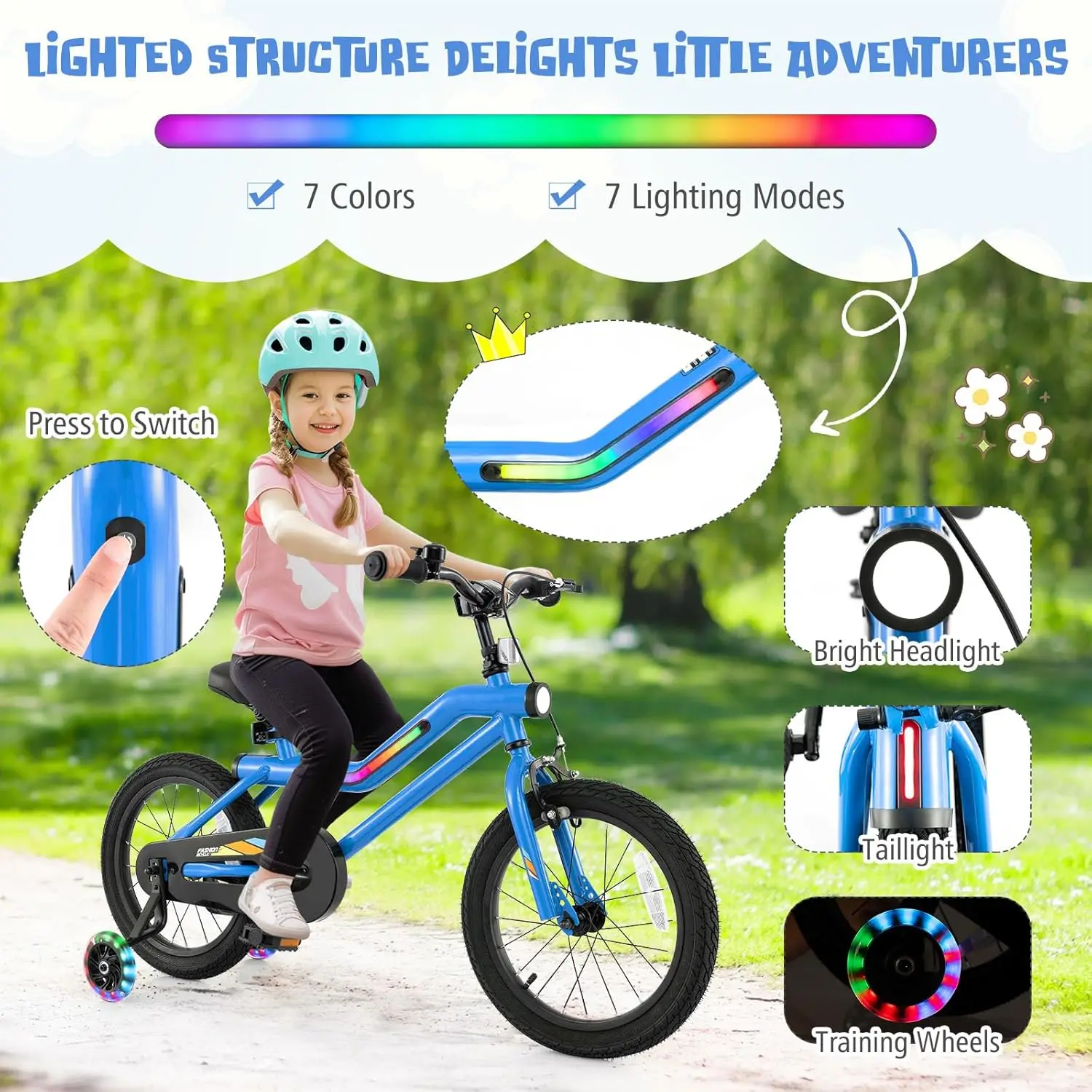 Bicicletta per bambini illuminata, bicicletta per bambini da 16 18 pollici con telaio illuminato a LED a 7 modalità, faro, ruote per addestramento flash, doppio freno, 95%