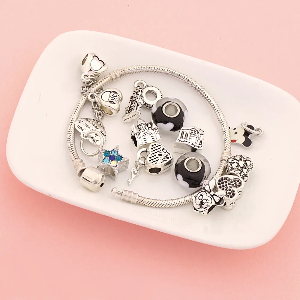 Silver Color Heart Key Castle Bead Pendant Bracelet Cartoon Mickey Minnie Charms Jewelry for Fashion Jewelry Gift