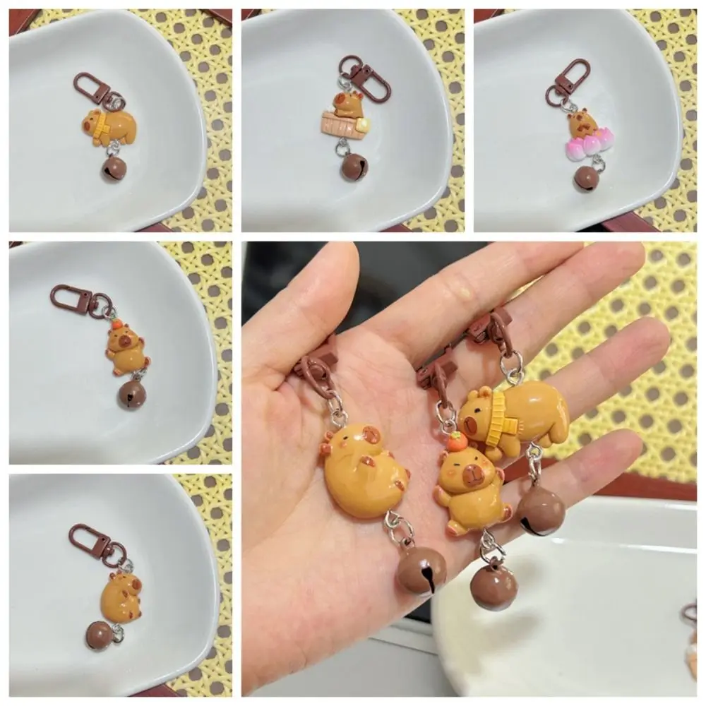Portable Cute Bell Capybara Keychain Resin Funny Animal Keyring Cartoon Delicate Capibara Bag Hanging Pendant Girlfriends image 3