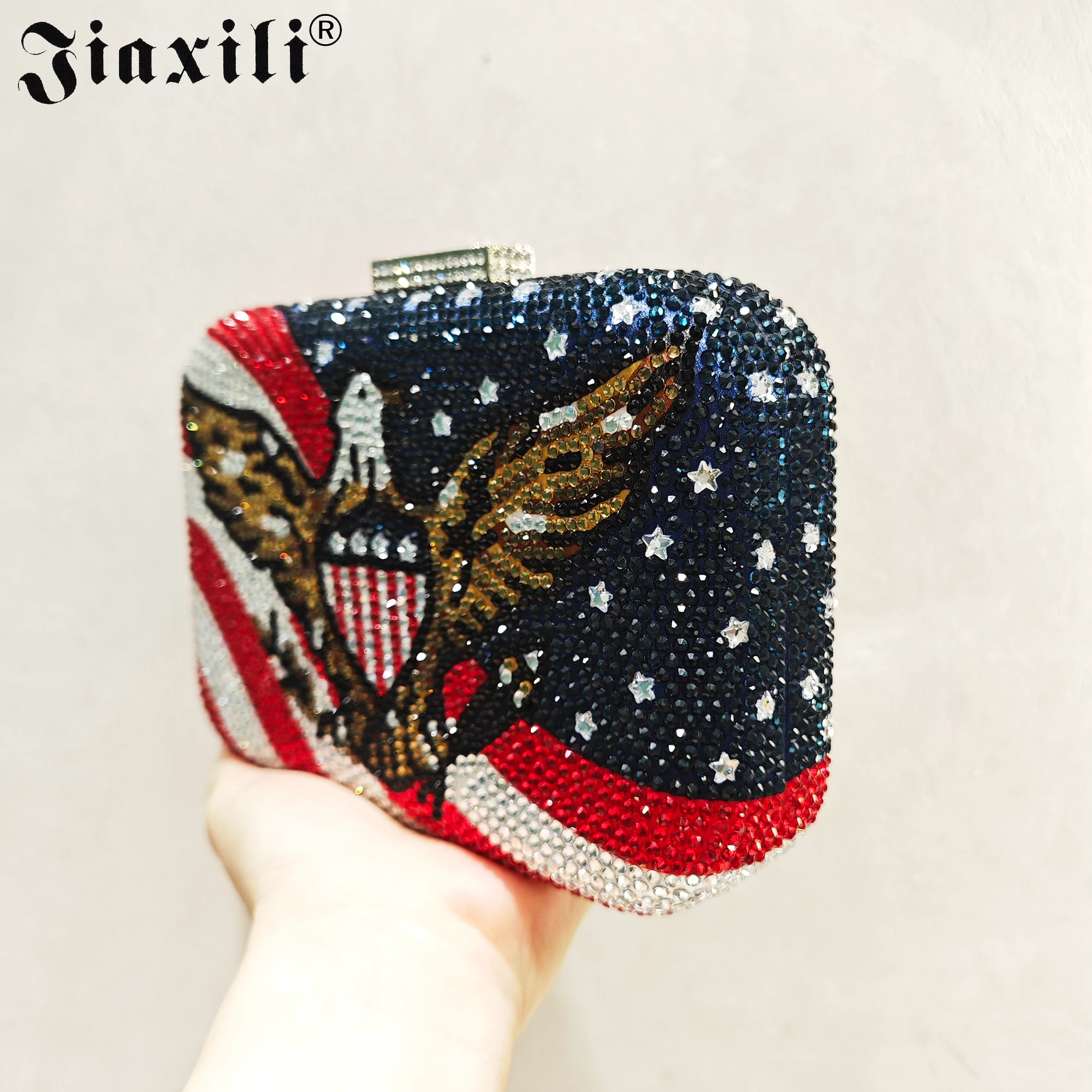 JXL flag Eagle Crystal clutch Purse Women’s Chain Mini Minaudiere Fashion Lady Evening Shoulder bag Handbag Banquet Clutches