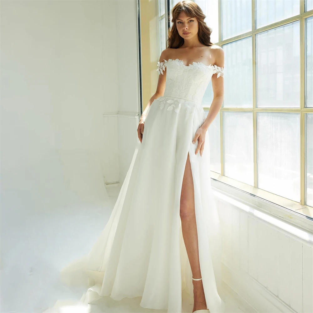 Elegante Sexy Zijvork Vrouwen Trouwjurken Van De Schouder Mouwloze Lichtgevende Formele Deep-V Beach Ball Vestidos De Novias