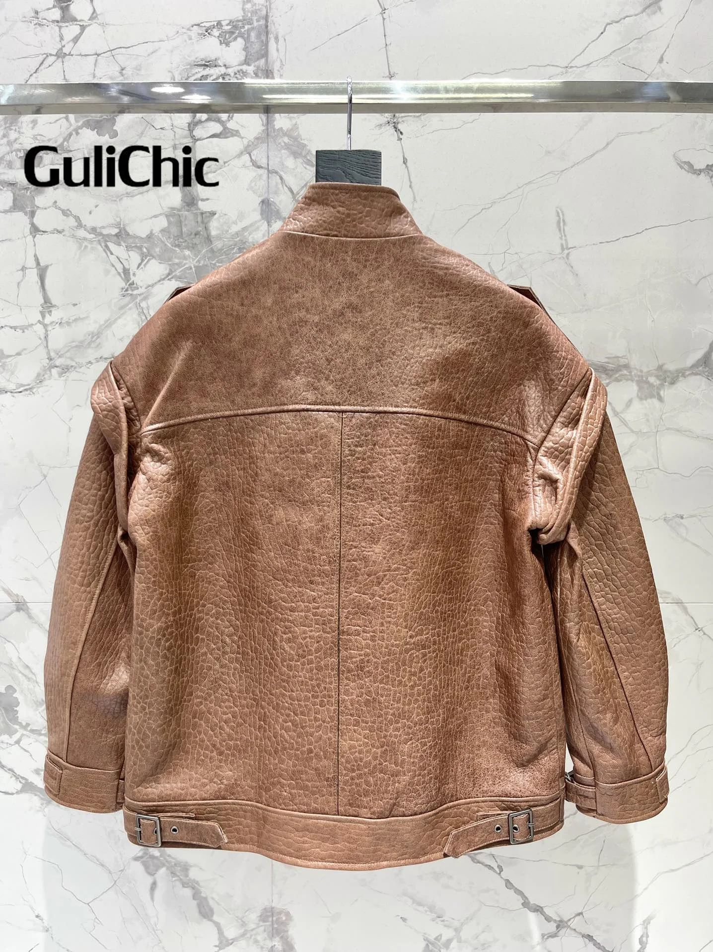 8.14 GuliChic Women\'s High Quality Fashion Design Stand Collar Vintage Genuine Leather Loose Pocket Jacket Coat