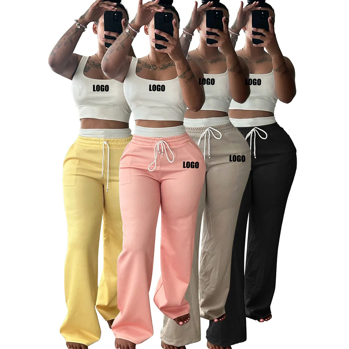 

Customized LOGO women's clothing summer new vest double waist high waist wide leg pants two-piece set