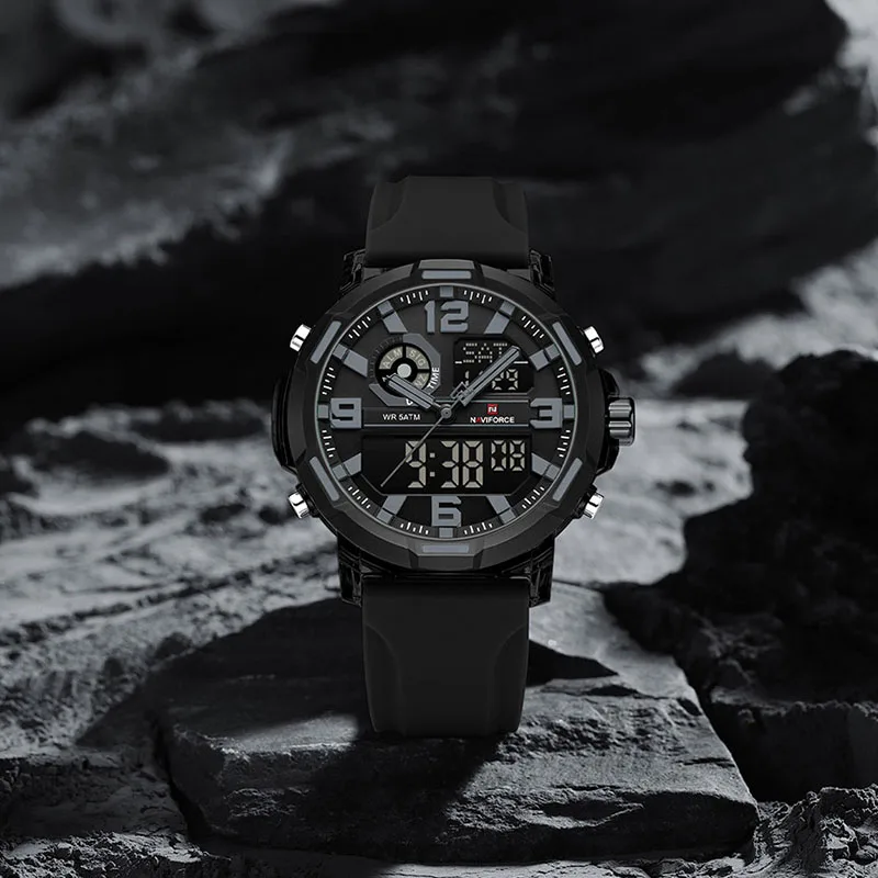 Reloj de cuarzo NAVIFORCE estilo militar para hombre, esfera gris pizarra, escala de números arábigos blancos, reloj de pulsera luminoso deportivo resistente al agua hasta 50M