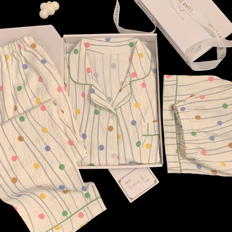 

Summer New Cloud Cotton Striped Print Pajamas, Korean-Style Sweet and Cute, Simple Short-Sleeve Three-Piece Homewear Summer Set