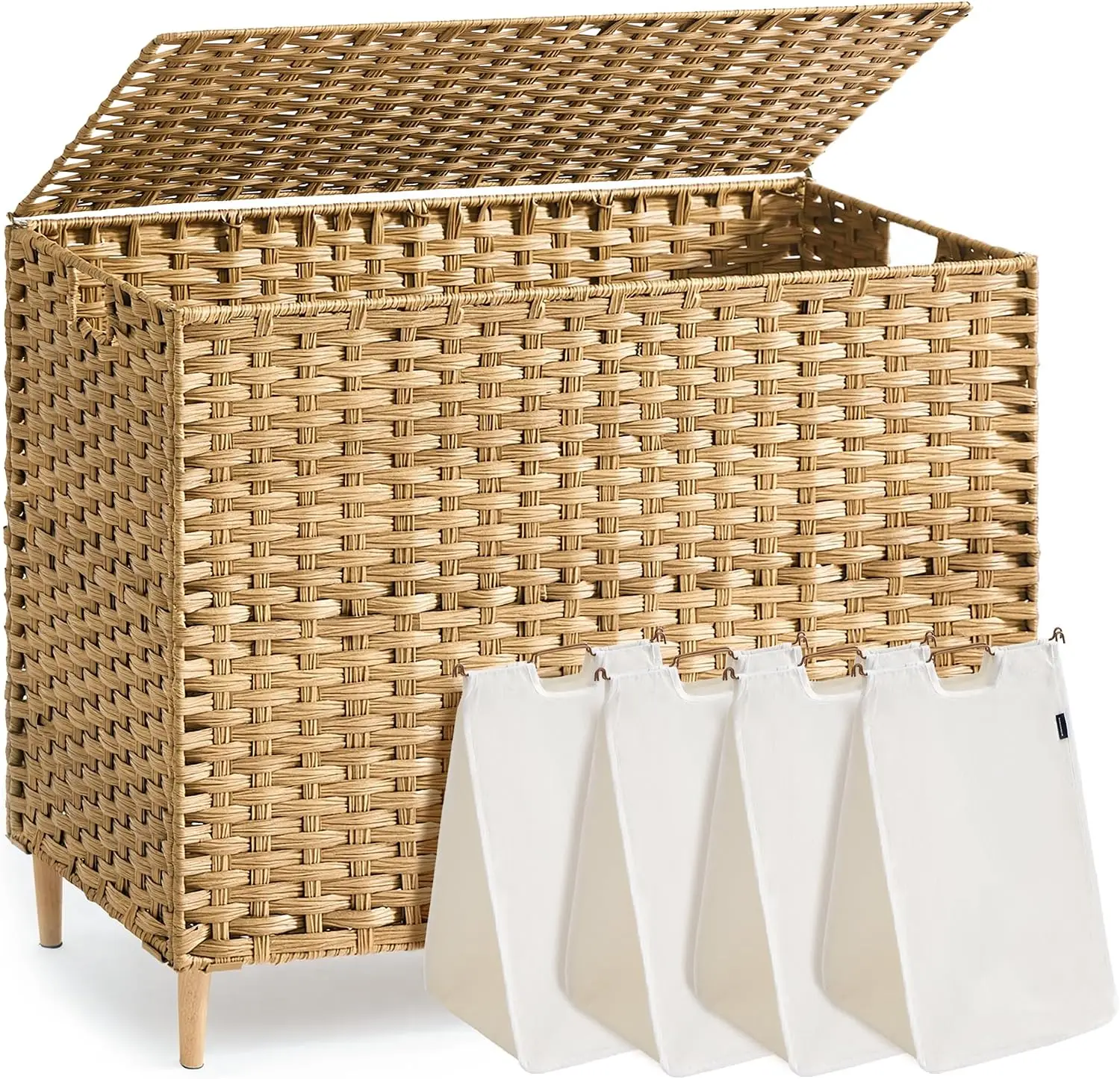 Cesto para Ropa Sucia de 4 Secciones con Tapa, Cesta de Lavandería de Mimbre Sintético de 210L con Bolsas de Forro Lavables Extraíbles, Contenedor Organizador de Ropa Grande para Dormitorio, Baño, Sala de Estar, Color Amarillo Ganso