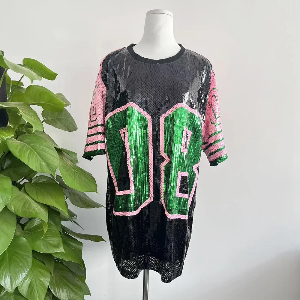 Greek Fashion sexy  Women Shirt number 8 printed ladies Summer sequin shining hip hop Sorority  number 08 jerseys T-shirts