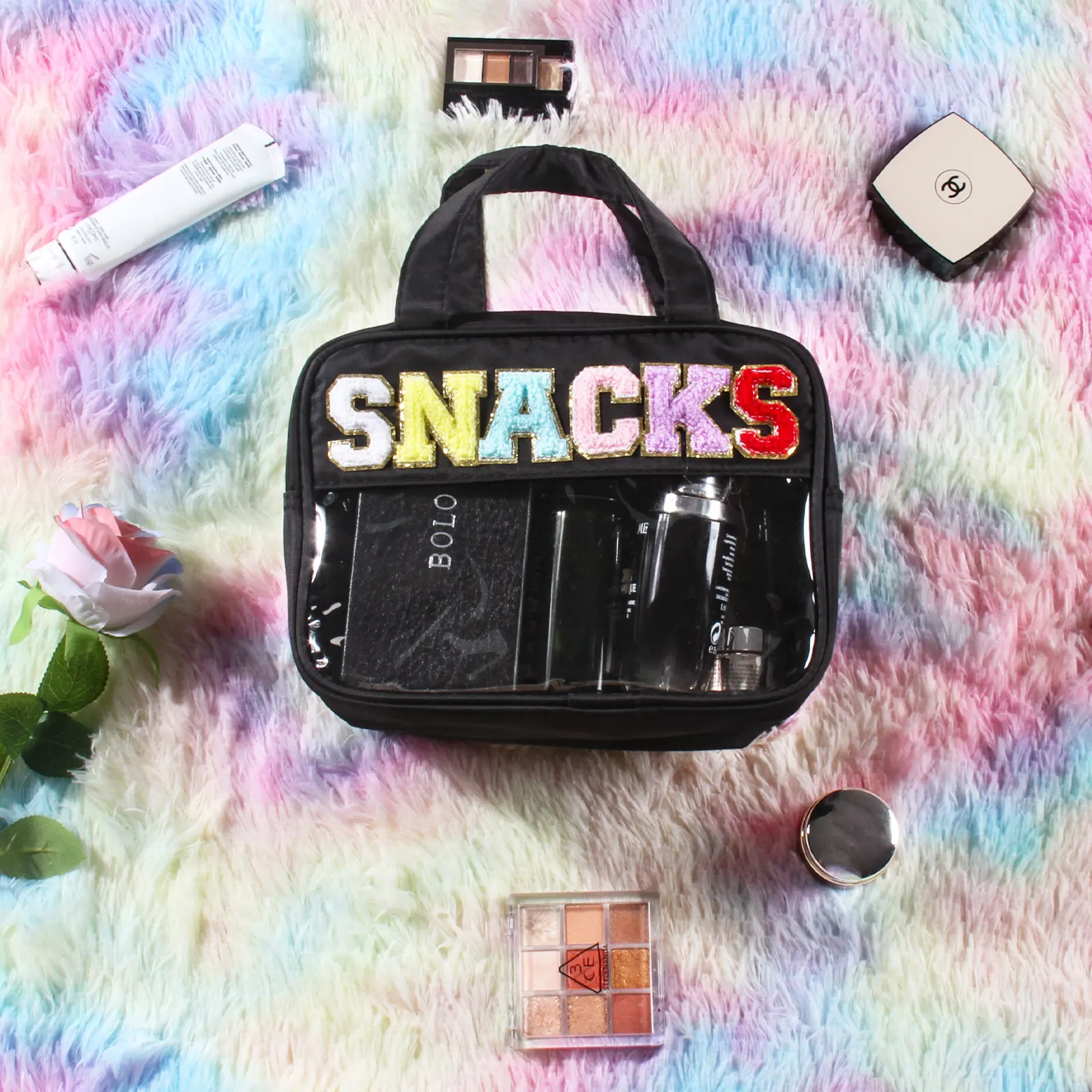 Women Chenille Letter Clear Makeup Bags,Preppy Patch Waterproof Nylon Cosmetic Bag,Travel Toiletry Bag,Zipper Handbag for Women