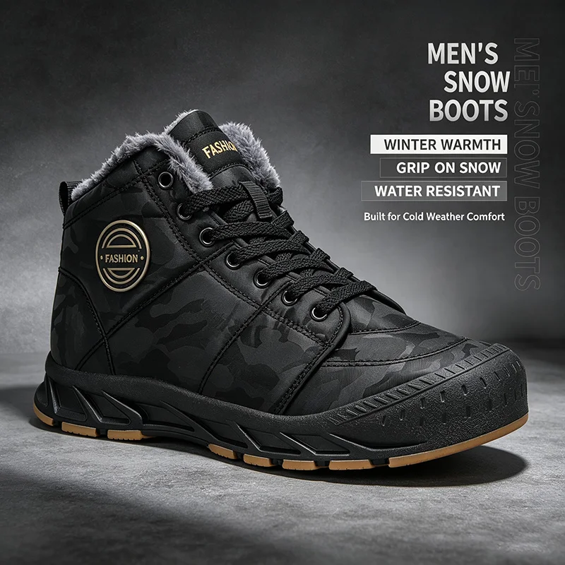 Men High‑Top Snow Boots Waterproof Fur Lined Winter Boots Anti‑Slip Insulated Outdoor Hiking Boots Cold Weather Daily Walking