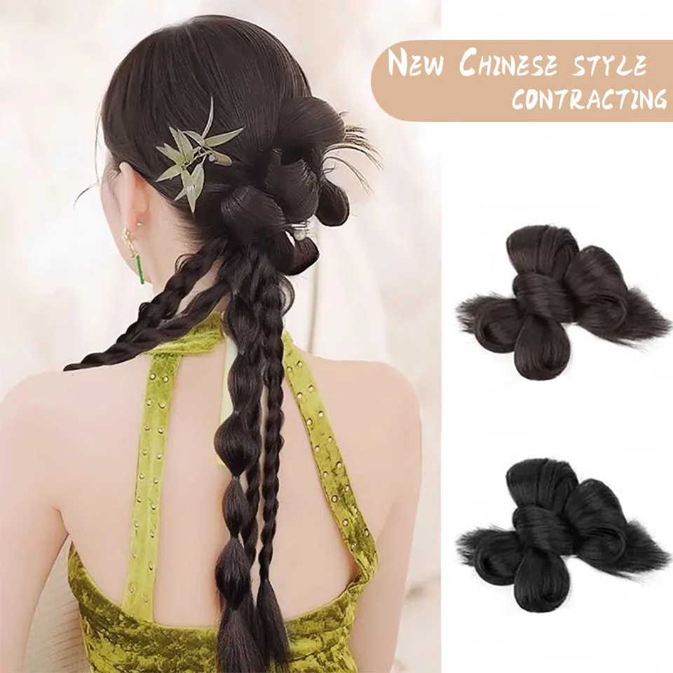 YELOWTIM-peruca sintética estilo chinês, bola cabeça, flor brotos, cabeça hanfu, peruca estilo antigo, saco de cabelo, noiva bun, novo