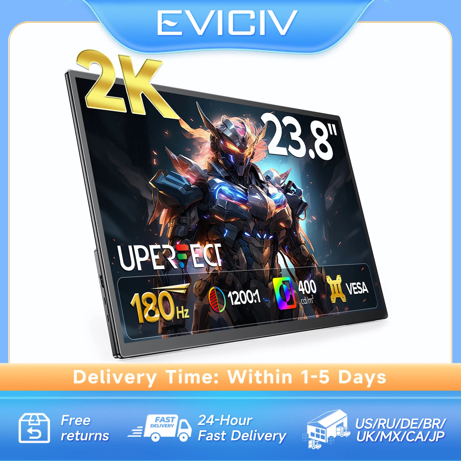 

Eviciv 23.8" 2K 180Hz Portable Gaming Monitor 400Nit IPS Extender Screen for Laptop Steam Deck Switch Mac HDMI Computer Display